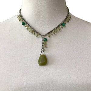 Necklace Choker Vintage Green Center Drop Beads Silver Tone Women’s